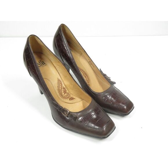 Sofft Leather Croc Square Toed Heels Pumps Brown Women  Size 9 - Picture 1 of 9